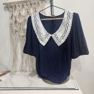 [W5] BRAND NEW WITH TAGS ATTACHED, CUTEST BLUE BLOUSE W/ WHITE  LACE OVERLAY❣️🫶